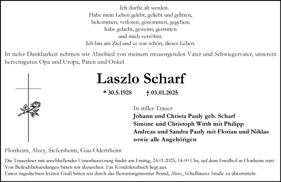 Traueranzeige von Laszlo Scharf von Allgemeine Zeitung Alzey