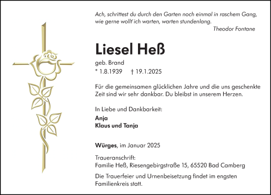 Traueranzeige von Liesel Heß von Camberger Anzeiger