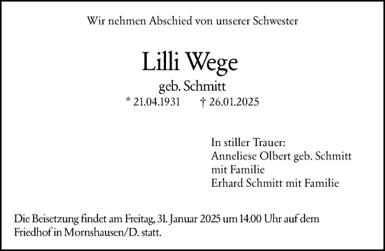 Traueranzeige von Lilli Wege von Hinterländer Anzeiger