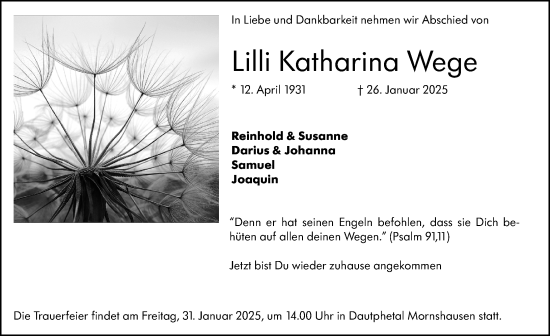 Traueranzeige von Lilli Katharina Wege von Hinterländer Anzeiger
