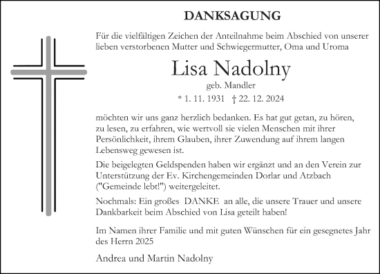 Traueranzeige von Lisa Nadolny von Wetzlarer Neue Zeitung