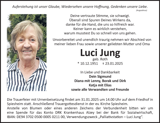 Traueranzeige von Luci Jung von Allgemeine Zeitung Alzey