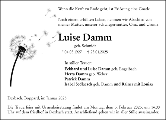 Traueranzeige von Luise Damm von Hinterländer Anzeiger