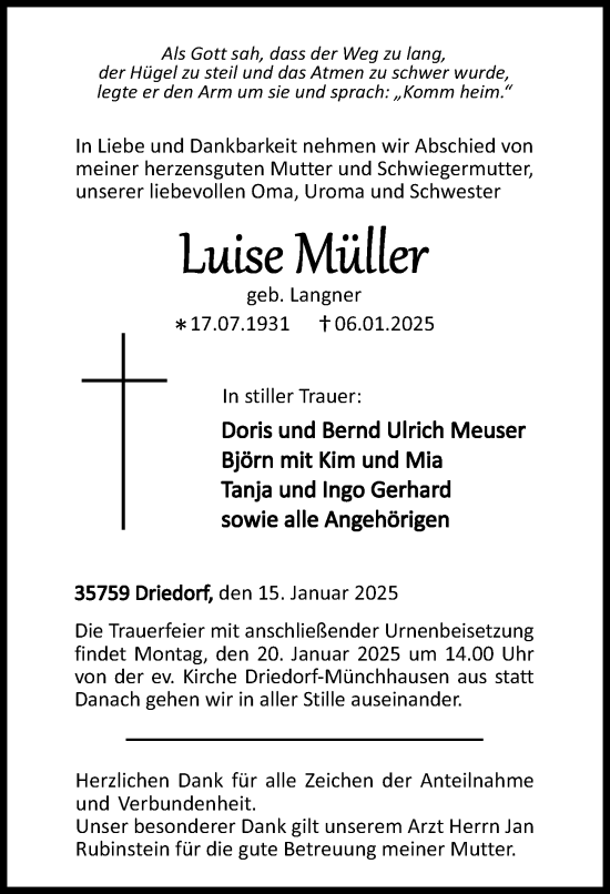 Traueranzeige von Luise Müller von Dill Block