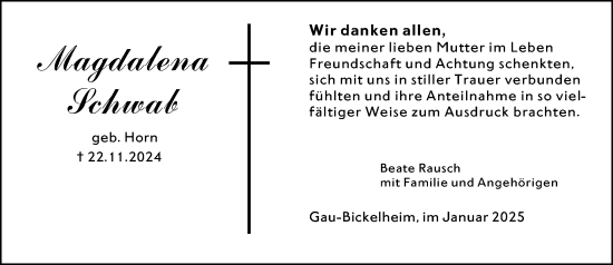 Traueranzeige von Magdalena Schwab von Allgemeine Zeitung Alzey