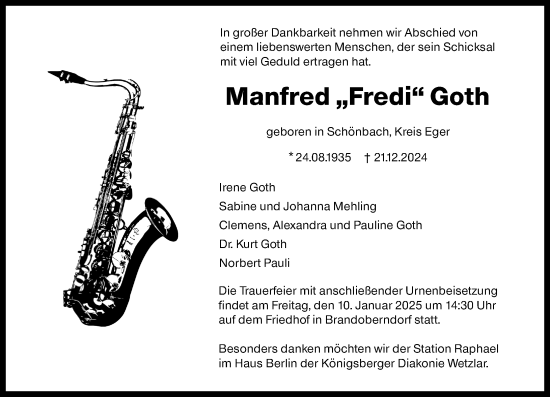 Traueranzeige von Manfred  Goth von Wetzlarer Neue Zeitung