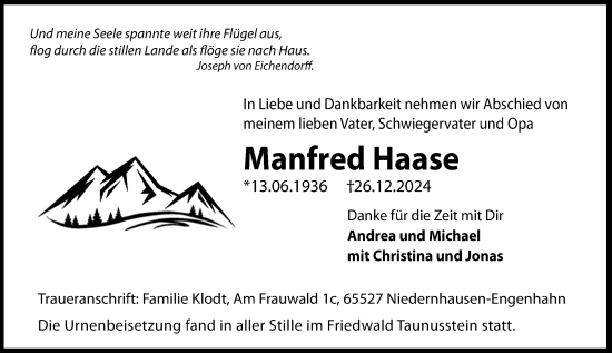 Traueranzeige von Manfred Haase von Wiesbadener Kurier