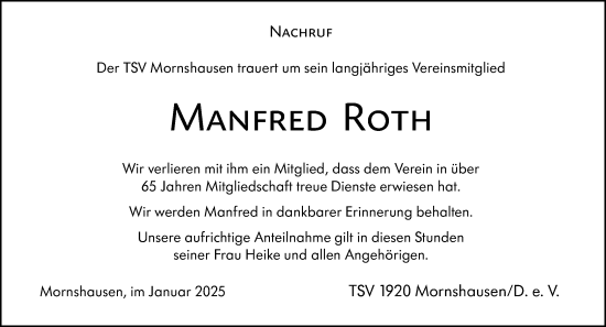 Traueranzeige von Manfred Roth von Hinterländer Anzeiger