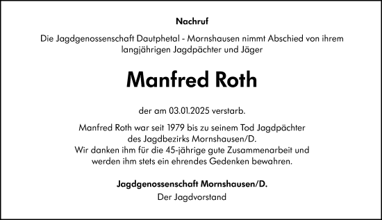 Traueranzeige von Manfred Roth von Hinterländer Anzeiger