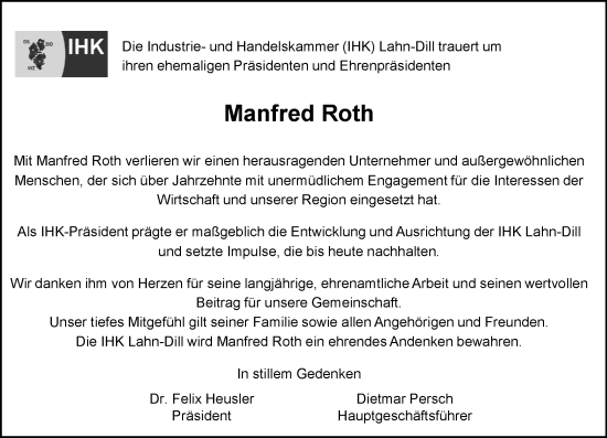 Traueranzeige von Manfred Roth von Hinterländer Anzeiger