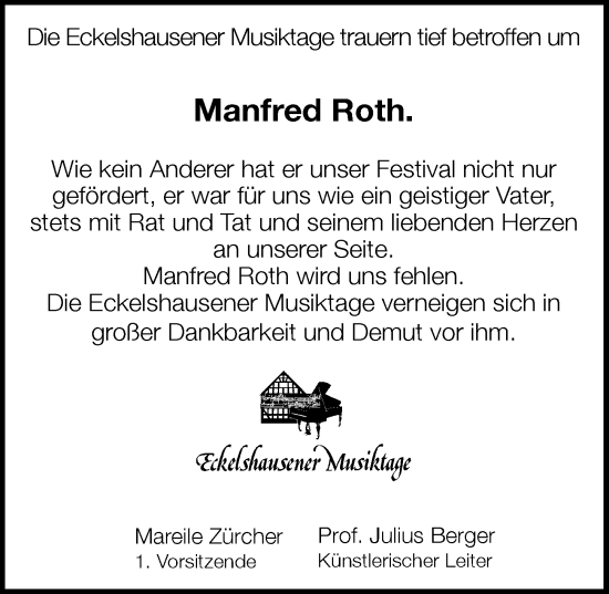 Traueranzeige von Manfred Roth von Hinterländer Anzeiger