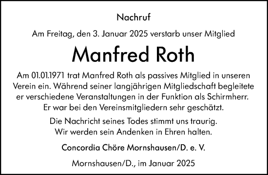 Traueranzeige von Manfred Roth von Hinterländer Anzeiger