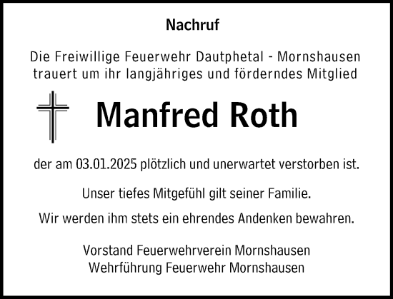 Traueranzeige von Manfred Roth von Hinterländer Anzeiger