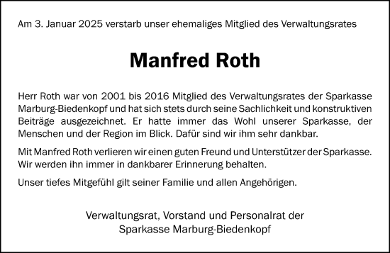 Traueranzeige von Manfred Roth von Hinterländer Anzeiger