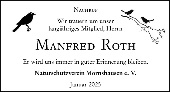 Traueranzeige von Manfred Roth von Hinterländer Anzeiger