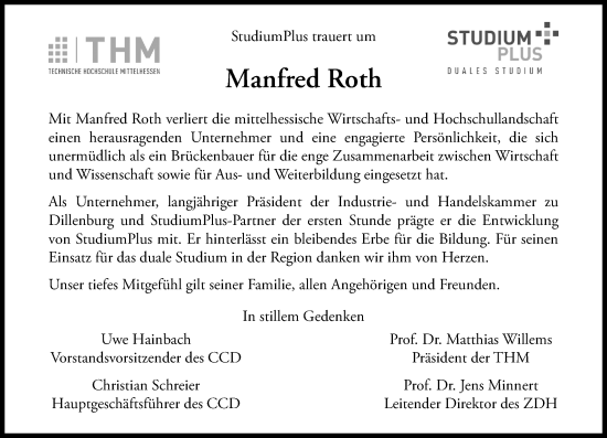 Traueranzeige von Manfred Roth von Hinterländer Anzeiger