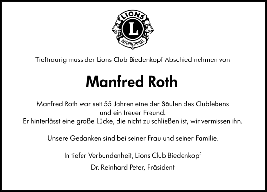 Traueranzeige von Manfred Roth von Hinterländer Anzeiger