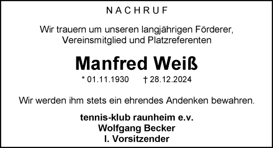 Traueranzeige von Manfred Weiß von Rüsselsheimer Echo