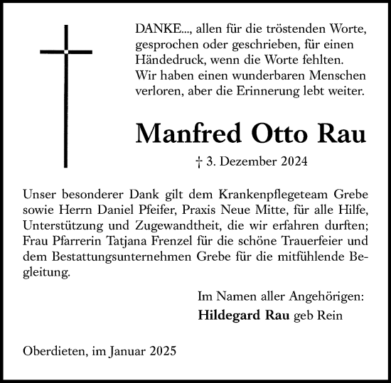 Traueranzeige von Manfred Otto Rau von Hinterländer Anzeiger