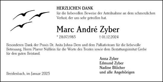Traueranzeige von Marc Andre Zyber von Hinterländer Anzeiger
