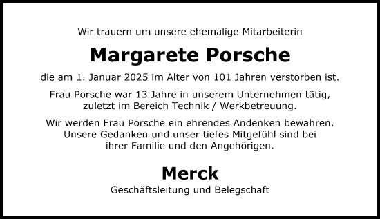 Traueranzeige von Margarete Porsche von Darmstädter Echo
