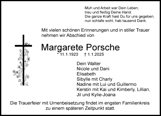 Traueranzeige von Margarete Porsche von Dieburger Anzeiger/Groß-Zimmerner Lokal-Anzeiger