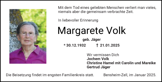 Traueranzeige von Margarete Volk von Starkenburger Echo