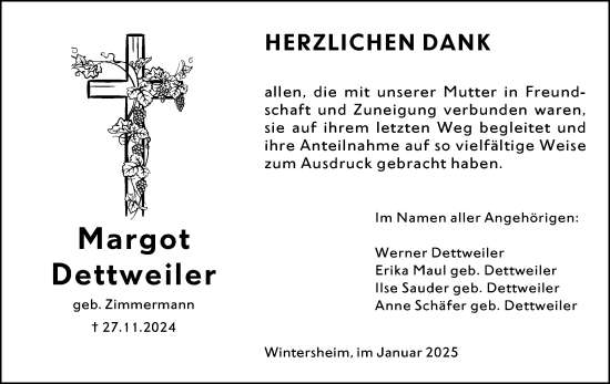 Traueranzeige von Margot Dettweiler von Wormser Zeitung