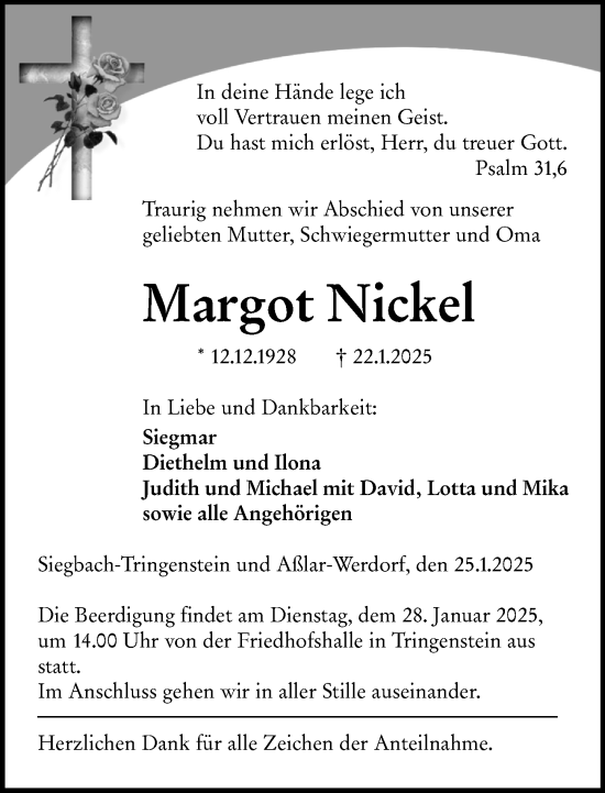 Traueranzeige von Margot Nickel von Dill Block