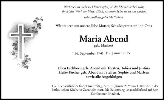 Traueranzeige von Maria Abend von Allgemeine Zeitung Mainz