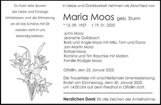 Traueranzeige von Maria Moos von Dill Block