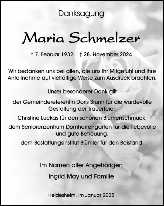 Traueranzeige von Maria Schmelzer von Allgemeine Zeitung Mainz