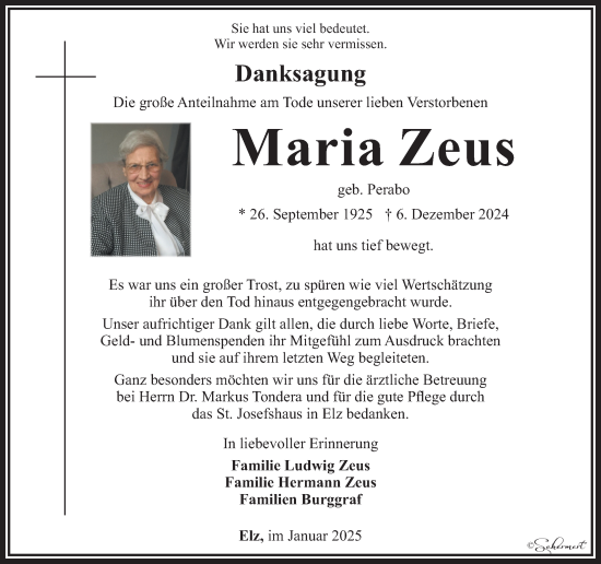 Traueranzeige von Maria Zeus von Nassauische Neue Presse