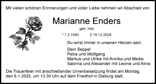 Traueranzeige von Marianne Enders von Dieburger Anzeiger/Groß-Zimmerner Lokal-Anzeiger