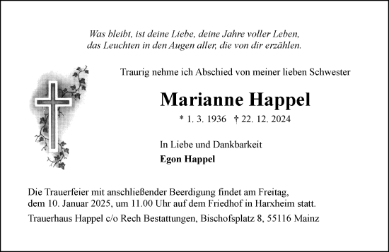 Traueranzeige von Marianne Happel von Allgemeine Zeitung Mainz