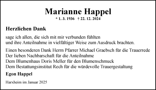 Traueranzeige von Marianne Happel von Allgemeine Zeitung Mainz