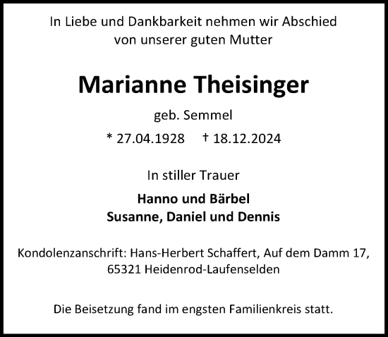 Traueranzeige von Marianne Theisinger von Wiesbadener Kurier
