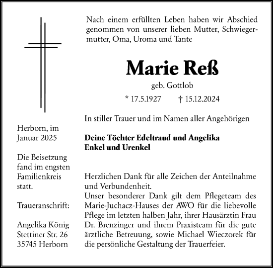 Traueranzeige von Marie Reß von Dill Block