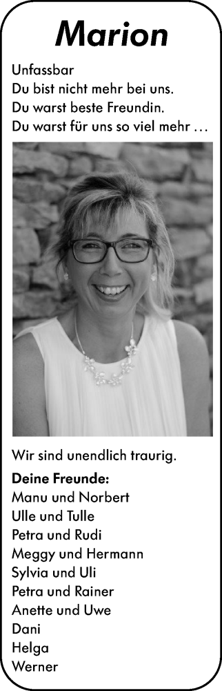 Traueranzeige von Marion Schnell von Allgemeine Zeitung Mainz