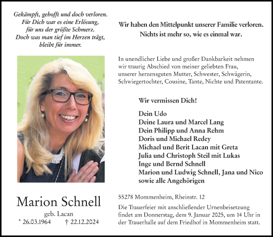 Traueranzeige von Marion Schnell von Allgemeine Zeitung Mainz