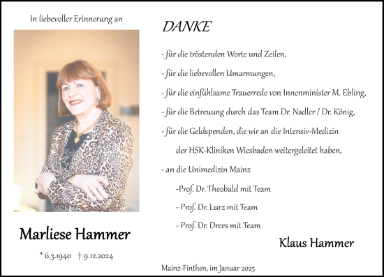 Traueranzeige von Marliese Hammer von Allgemeine Zeitung Mainz