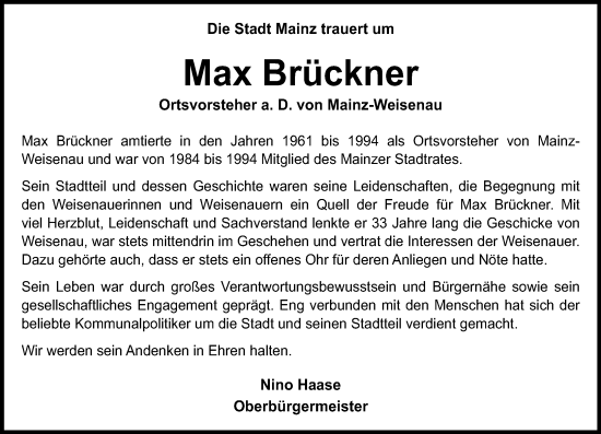 Traueranzeige von Max Brückner von Allgemeine Zeitung Mainz