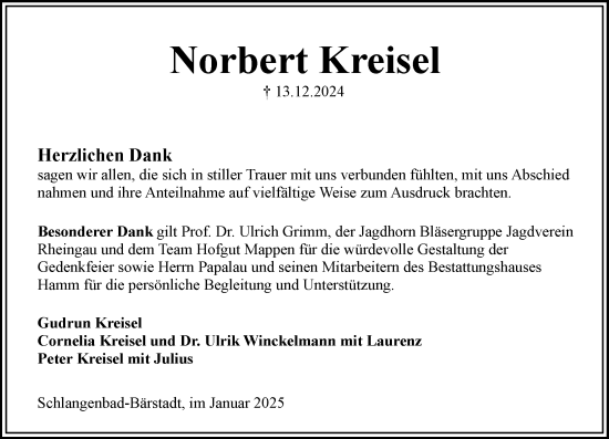Traueranzeige von Norbert Kreisel von Wiesbadener Kurier