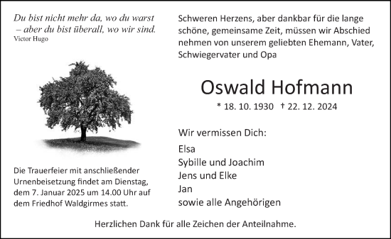Traueranzeige von Oswald Hofmann von Wetzlarer Neue Zeitung