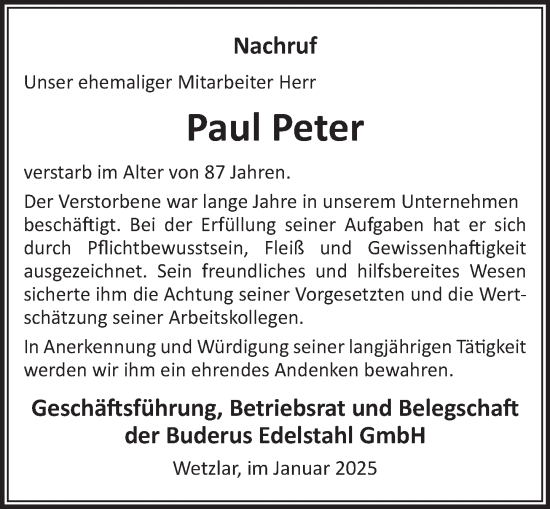 Traueranzeige von Paul Peter von Wetzlarer Neue Zeitung