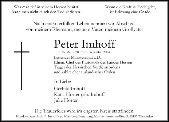 Traueranzeige von Peter Imhoff von Wiesbadener Kurier