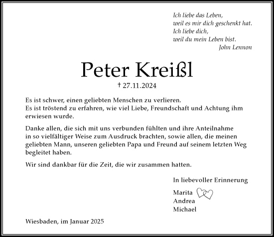 Traueranzeige von Peter Kreißl von Wiesbadener Kurier