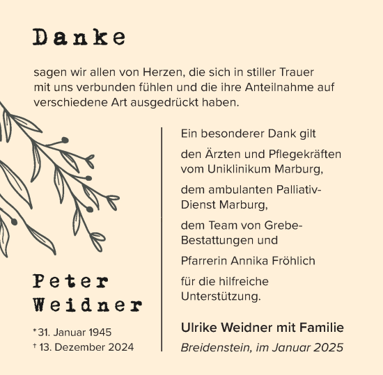 Traueranzeige von Peter Weidner von Hinterländer Anzeiger