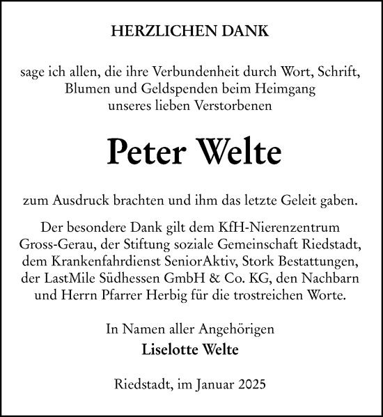 Traueranzeige von Peter Welte von Groß-Gerauer Echo