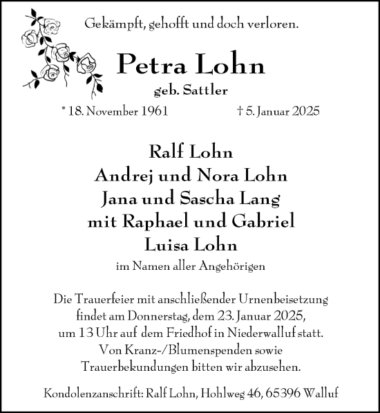 Traueranzeige von Petra Lohn von Rheingau Kurier